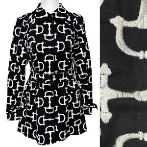 INC Equestrian Horse Bit Embroidered Black White Trench Coat Preppy Old Money L